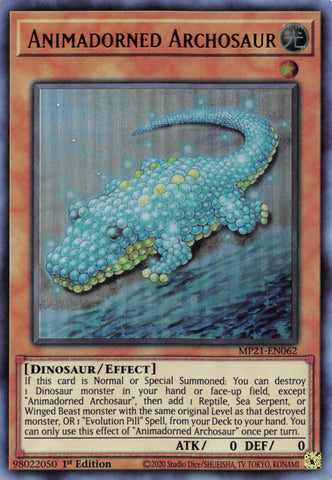 An Ultra Rare "Animadorned Archosaur" card from the Yugioh 2021 Tin of Ancient Battles (MP21).