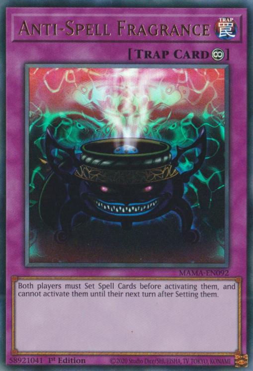 An Ultra Rare "Anti-Spell Fragrance" card from the Yugioh Set: Magnificent Mavens (MAMA).