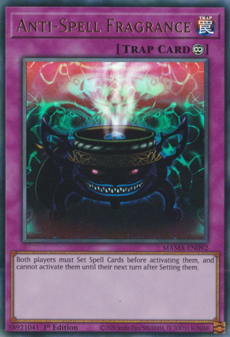 An Ultra Rare "Anti-Spell Fragrance" card from the Yugioh Set: Magnificent Mavens (MAMA).