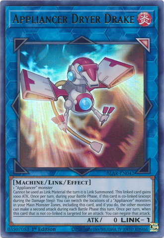 An Ultra Rare "Appliancer Dryer Drake" card from the Yugioh Set: Battles of Legend: Armageddon.