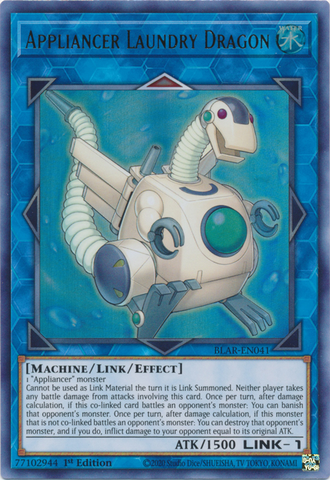 An Ultra Rare "Appliancer Laundry Dragon" card from the Yugioh Set: Battles of Legend: Armageddon.