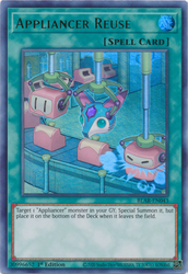 An Ultra Rare "Appliancer Reuse" card from the Yugioh Set: Battles of Legend: Armageddon.