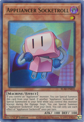 An Ultra Rare "Appliancer Socketroll" card from the Yugioh Set: Battles of Legend: Armageddon.