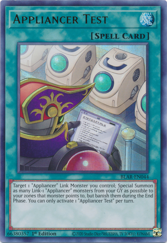 An Ultra Rare "Appliancer Test" card from the Yugioh Set: Battles of Legend: Armageddon.