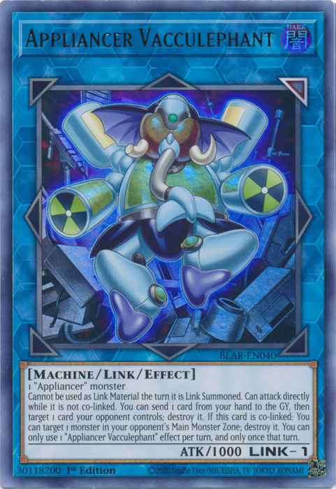 An Ultra Rare "Appliancer Vacculephant" card from the Yugioh Set: Battles of Legend: Armageddon.