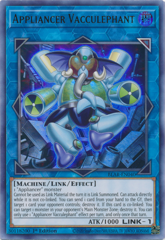 An Ultra Rare "Appliancer Vacculephant" card from the Yugioh Set: Battles of Legend: Armageddon.