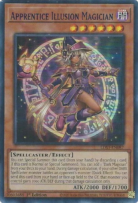 An Ultra Rare Blue "Apprentice Illusion Magician" card from the Yugioh Set: Legendary Duelists: Season 3 (LDS3).