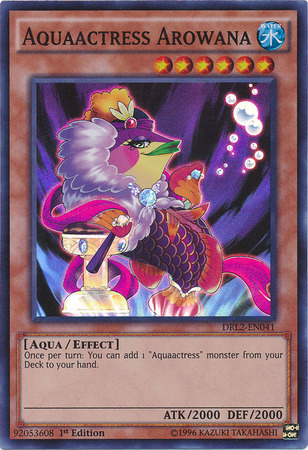 A Super Rare "Aquaactress Arowana" card from the Yugioh Set: Dragons of Legend 2.