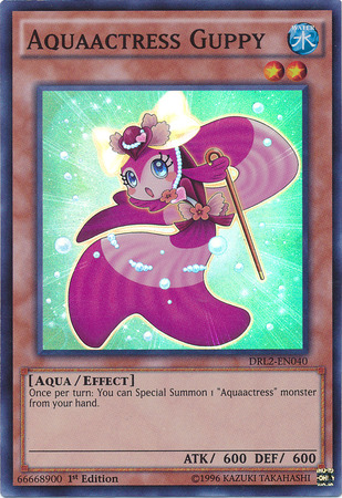 A Super Rare "Aquaactress Guppy" card from the Yugioh Set: Dragons of Legend 2.