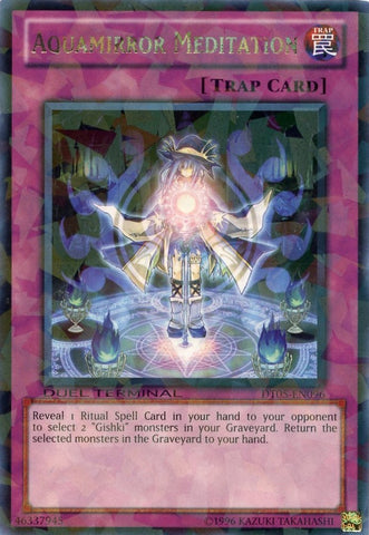 A Duel Terminal Rare "Aquamirror Meditation" card from the Yugioh Set: Duel Terminal 5 (DT05).
