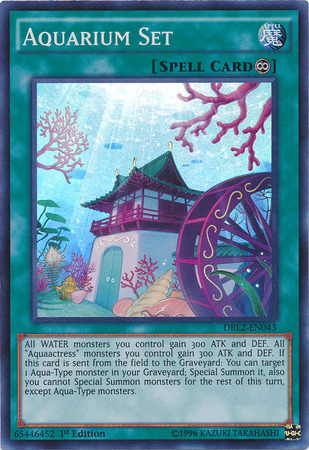 A Super Rare "Aquarium Set" card from the Yugioh Set: Dragons of Legend 2.