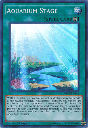 A Super Rare "Aquarium Stage" card from the Yugioh Set: Dragons of Legend 2.
