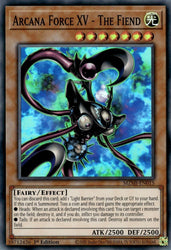 A Super Rare "Arcana Force XV - The Fiend" card from the Yugioh Set: Maze of Millennia (MZMI).