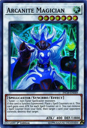  A Super Rare "Arcanite Magician" card from the Yugioh Set: The Infinity Chasers.