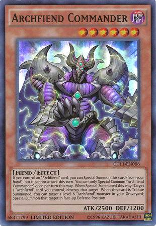 A Super Rare "Archfiend Commander" card from the Yugioh 2014 Mega-Tins.