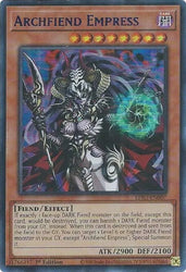 An Ultra Rare Blue "Archfiend Empress" card from the Yugioh Set: Legendary Duelists: Season 3.