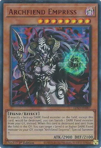 An Ultra Rare Red "Archfiend Empress" card from the Yugioh Set: Legendary Duelists: Season 3.