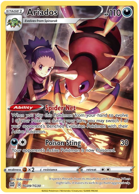 A Secret Rare "Ariados" (TG09/TG30) card from the Pokemon Set: Brilliant Stars.