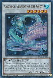 An Ultra Rare "Arionpos, Serpent of the Ghoti" card from the Yugioh Set: Darkwing Blast.