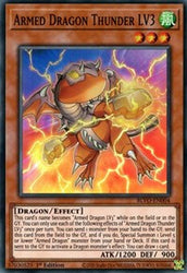 A Super Rare "Armed Dragon Thunder LV3" card from the Yugioh Set: Blazing Vortex (BLVO).