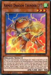 A Super Rare "Armed Dragon Thunder LV3" card from the Yugioh Set: Blazing Vortex (BLVO).