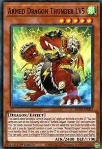 A Super Rare "Armed Dragon Thunder LV3" card from the Yugioh Set: Blazing Vortex (BLVO).