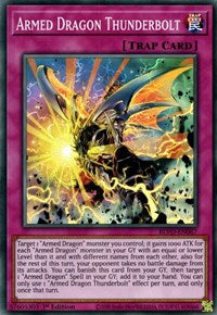 A Super Rare "Armed Dragon Thunderbolt" card from the Yugioh Set: Blazing Vortex.