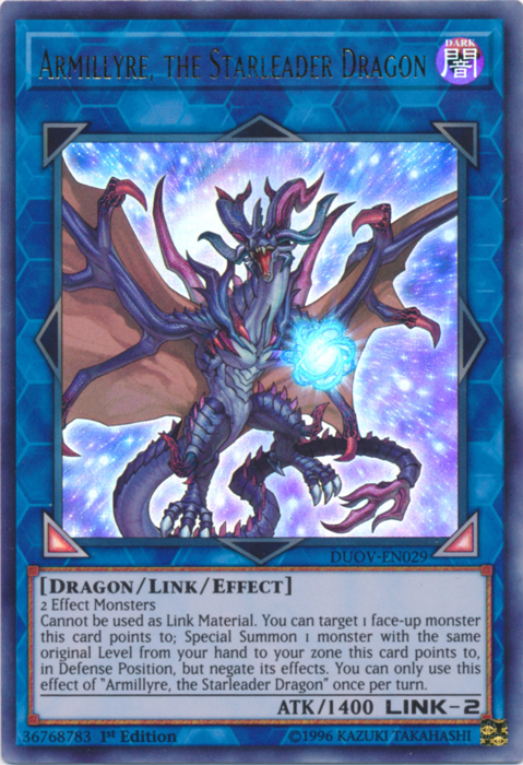 An Ultra Rare "Armillyre, the Starleader Dragon" card from the Yugioh Set: Duel Overload (DUOV).