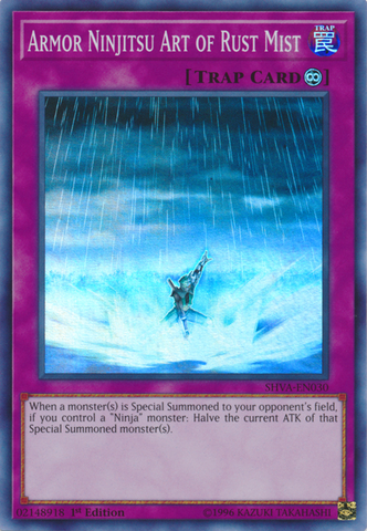 A Super Rare "Armor Ninjitsu Art of Rust Mist" card from the Yugioh Set: Shadows in Valhalla (SHVA).