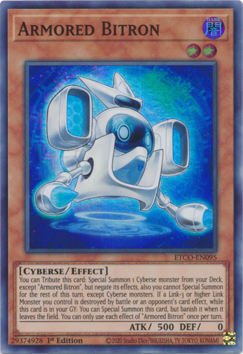 A Super Rare "Armored Bitron" card from the Yugioh Set: Eternity Code.