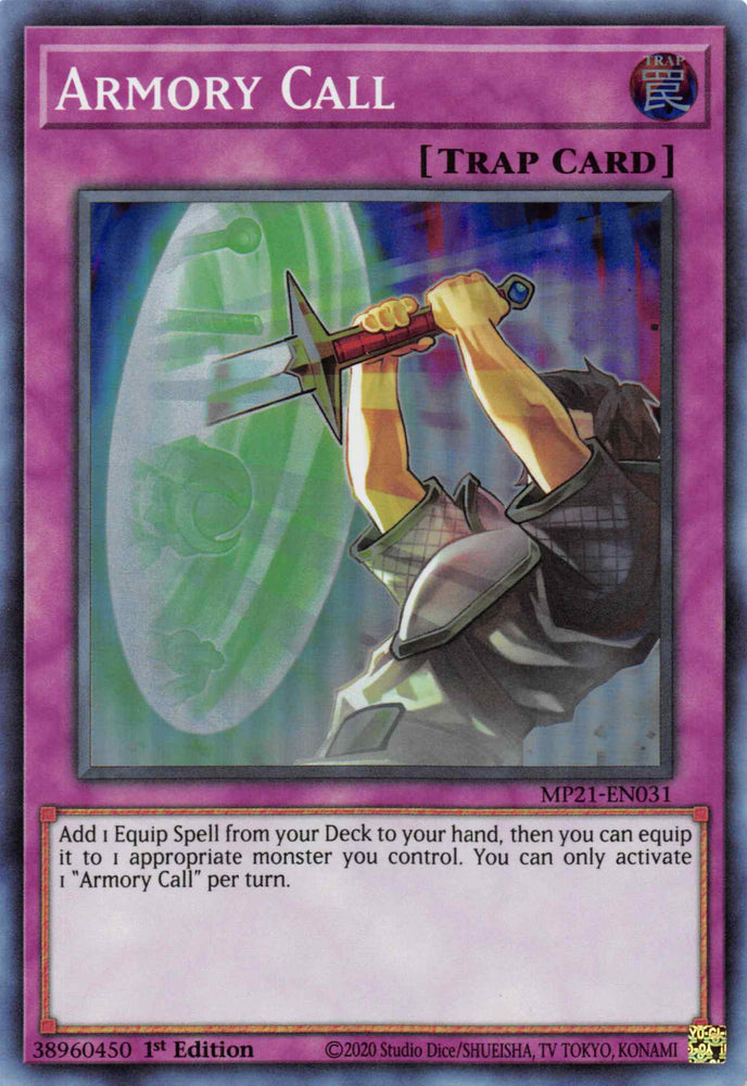  A Super Rare "Armory Call" card from the Yugioh 2021 Tin of Lost Memories.