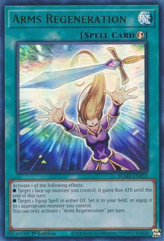 An Ultra Rare "Arms Regeneration" card from the Yugioh Set: Battles of Legend: Monstrous Revenge (BLMR).