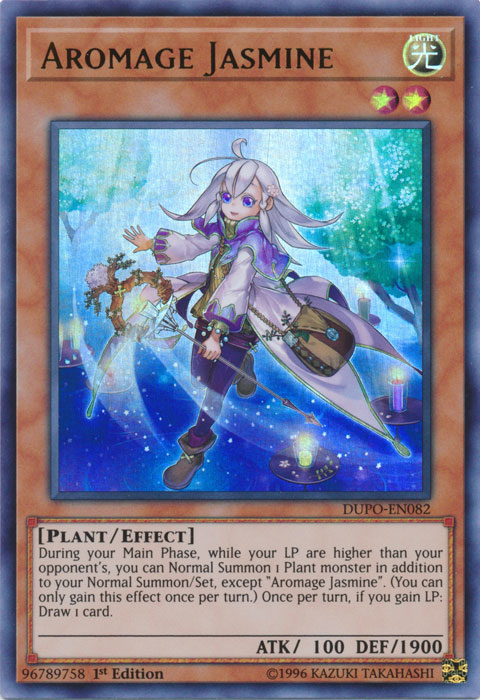 An Ultra Rare "Aromage Jasmine" card from the Yugioh Set: Duel Power.