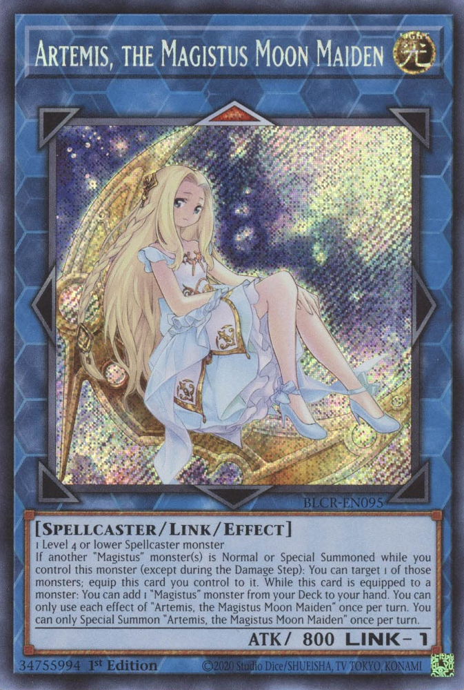 A Secret Rare "Artemis, the Magistus Moon Maiden" card from the Yugioh Set: Battles of Legend: Crystal Revenge.