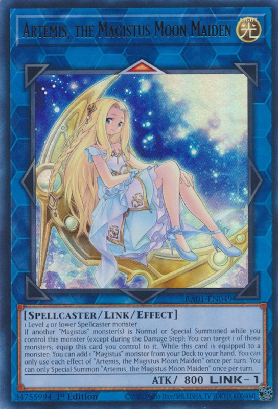An Ultra Rare "Artemis, the Magistus Moon Maiden" card from the Yugioh Set: Rarity Collection 1 