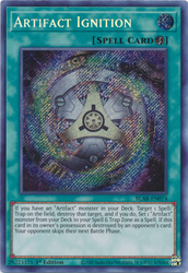 A Secret Rare "Artifact Ignition" card from the Yugioh Set: Battles of Legend: Armageddon (BLAR).