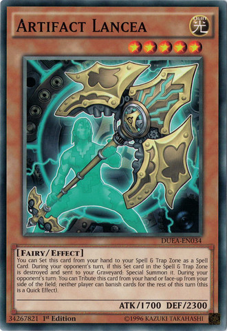 A Common "Artifact Lancea" card from the Yugioh Set: Duelist Alliance (DUEA).