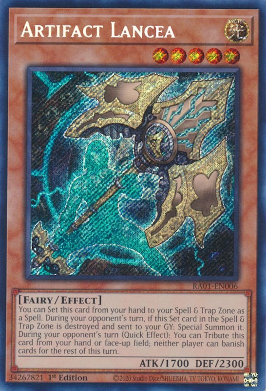 A Secret Rare "Artifact Lancea" card from the Yugioh Set: Rarity Collection 1 (RA01).