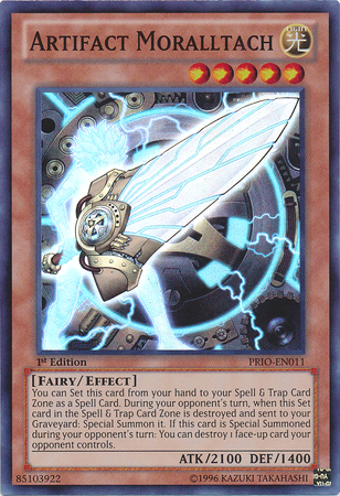 A Super Rare "Artifact Moralltach" card from the Yugioh Set: Primal Origin.