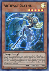 An Ultra Rare "Artifact Scythe" card from the Yugioh Set: Battles of Legend: Hero's Revenge.