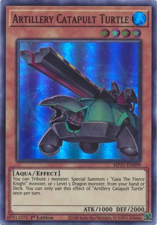  A Super Rare "Artillery Catapult Turtle" card from the Yugioh 2021 Tin of Lost Memories.