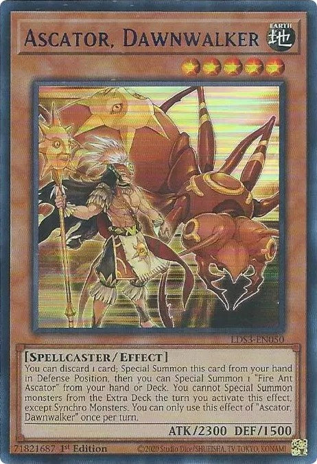 An Ultra Rare Blue "Ascator, Dawnwalker" card from the Yugioh Set: Legendary Duelists: Season 3 (LDS3).