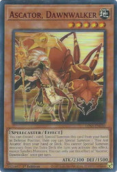 An Ultra Rare Red "Ascator, Dawnwalker" card from the Yugioh Set: Legendary Duelists: Season 3 (LDS3).