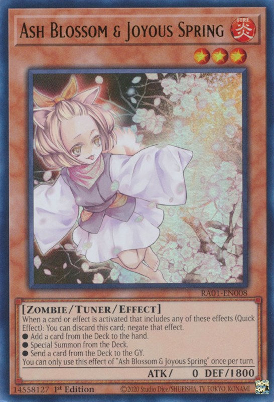 An Ultra Rare "Ash Blossom & Joyous Spring" card from the Yugioh Set: Rarity Collection 1 (RA01).