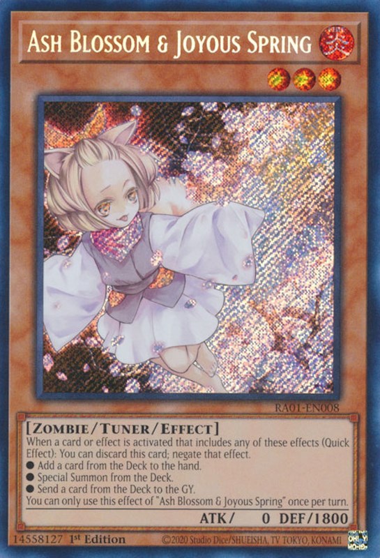 A Secret Rare "Ash Blossom & Joyous Spring" card from the Yugioh Set: Rarity Collection 1 (RA01).