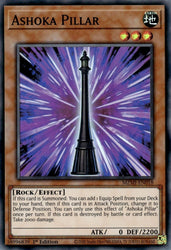 A Super Rare "Ashoka Pillar" card from the Yugioh Set: Maze of Millennia.