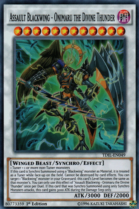 A Super Rare "Assault Blackwing - Onimaru the Divine Thunder" card from the Yugioh set: The Dark Illusion.