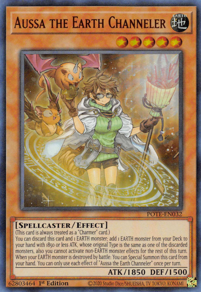 An Ultra Rare "Aussa the Earth Channeler" card from the Yugioh Set: Power of the Elements (POTE).