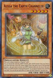 An Ultra Rare "Aussa the Earth Channeler" card from the Yugioh Set: Power of the Elements (POTE).