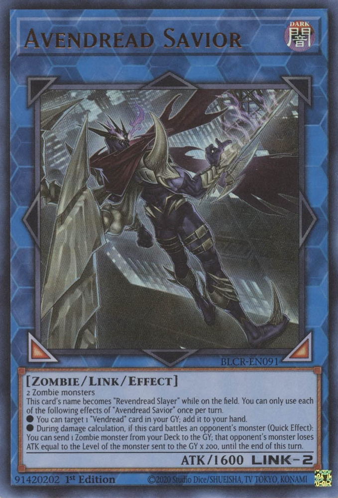 An Ultra Rare "Avendread Savior" card from the Yugioh Set: Battles of Legend: Crystal Revenge.